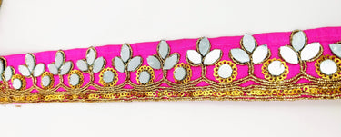 Fuchsia Pink Silk Trim With Mirrors Embellishments and Gold Embroidery, Approx. 34mm Wide, Decorative Trim Costume Trim Fashion Trim By Yard